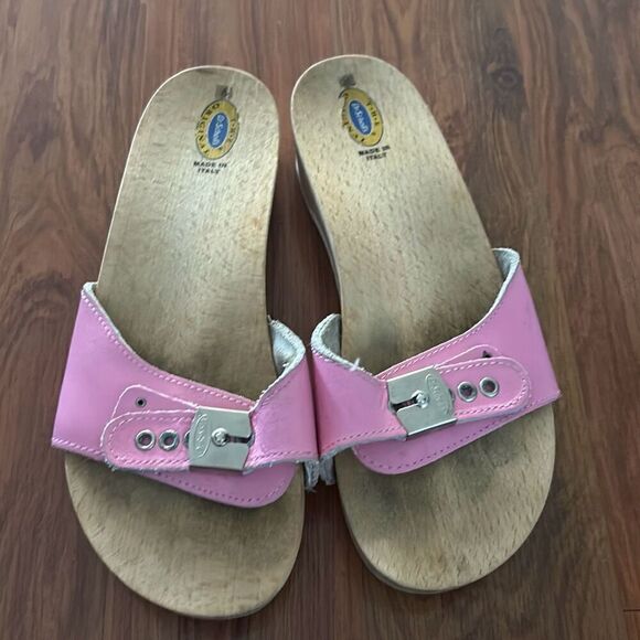 Vintage Dr Scholls pink leather wood made in Italy sandals flip-flops size 6 - Picture 1 of 6